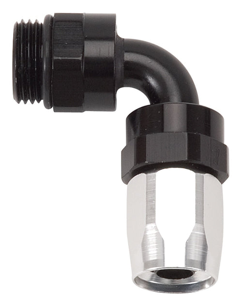 Edelbrock HOSE END ASSEMBLY SWIVEL #10 AN MALE SAE PORT TO #8 HOSE 90 DEG CLR/BLK ANODIZED