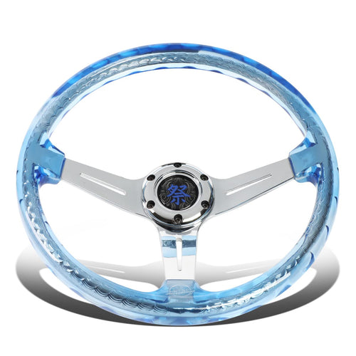 NRG Innovations Reinforced Steering Wheel NRG-RST-027CH-BL 350mm 2" Deep Dish Clear Acrylic Steering Wheel in Blue and Chrome Spoke Finish with Slits