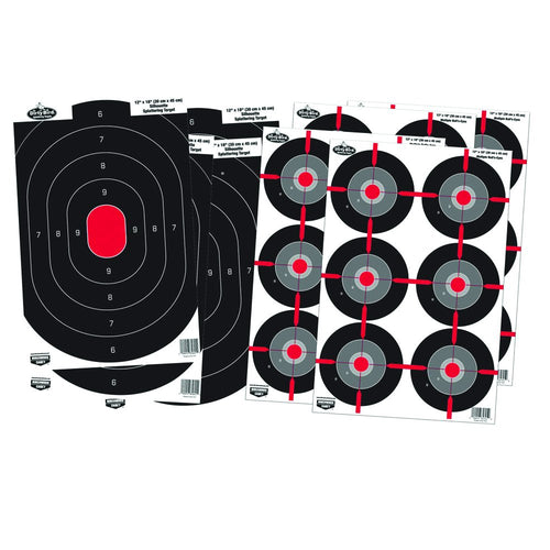 Birchwood Casey 12" X 18" Non-Adhesive Dirty Bird White Splattering Practice Shooting Target Combo Pack for Indoor and Outdoor Use, 4-12" X 18" Oval Silhouette & 4 - Multi Bull's-Eye - 8 Targets