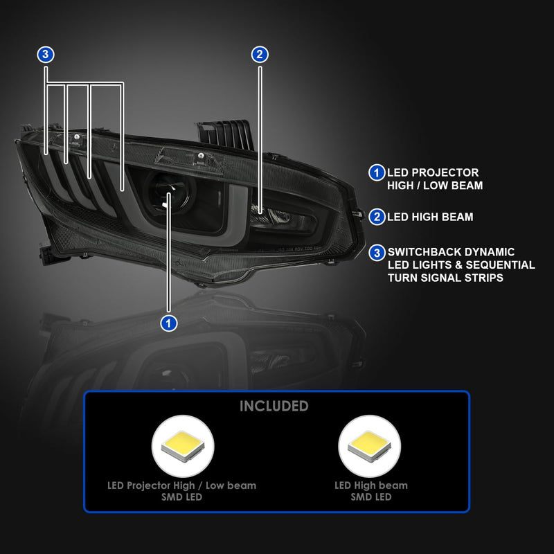 Black Smoke SPEC-D TUNING Full LED Projector Headlights w/Switchback and Sequential Turn Signals Compatible with 2016-2021 Honda Civic with Factory Halogen Headlight Models