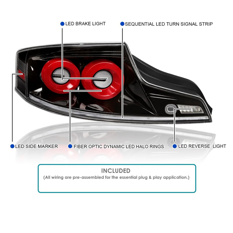 Full LED Tail Lights SPEC-D TUNING w/Red Fiber Optic Halo Ring, Sequential Turn Signal, and Startup Animation Compatible with 2003-2007 Infiniti G35, Left + Right Pair Assembly