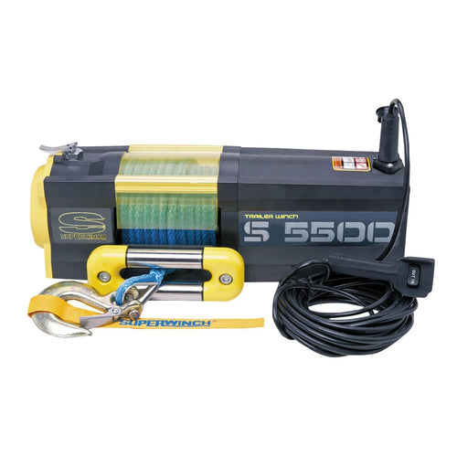 S5500SR Superwinch 1455201 Trailer Winch 5500lb(2495kg) Single Line Pull with Roller Fairlead 1/4" x 60' Synthetic Rope 30.5ft Corded Handheld Remote
