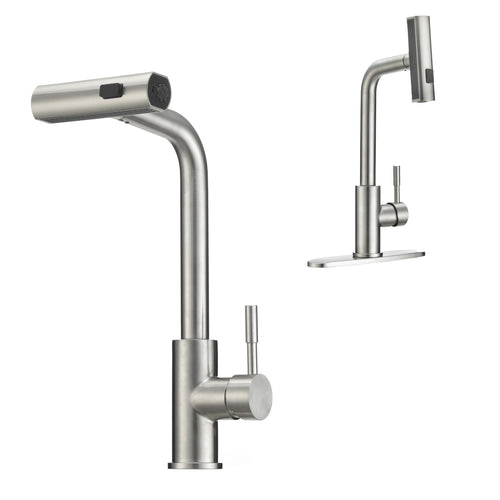 Dura Faucet Rainfall (DF-MK511X-SN) RV Kitchen Faucet – Satin Nickel, Dual-Mode Rotating Spray Head (Wide Waterfall & Stream), Single Lever Handle, Lead-Free, Easy Install Compact Sink Faucet