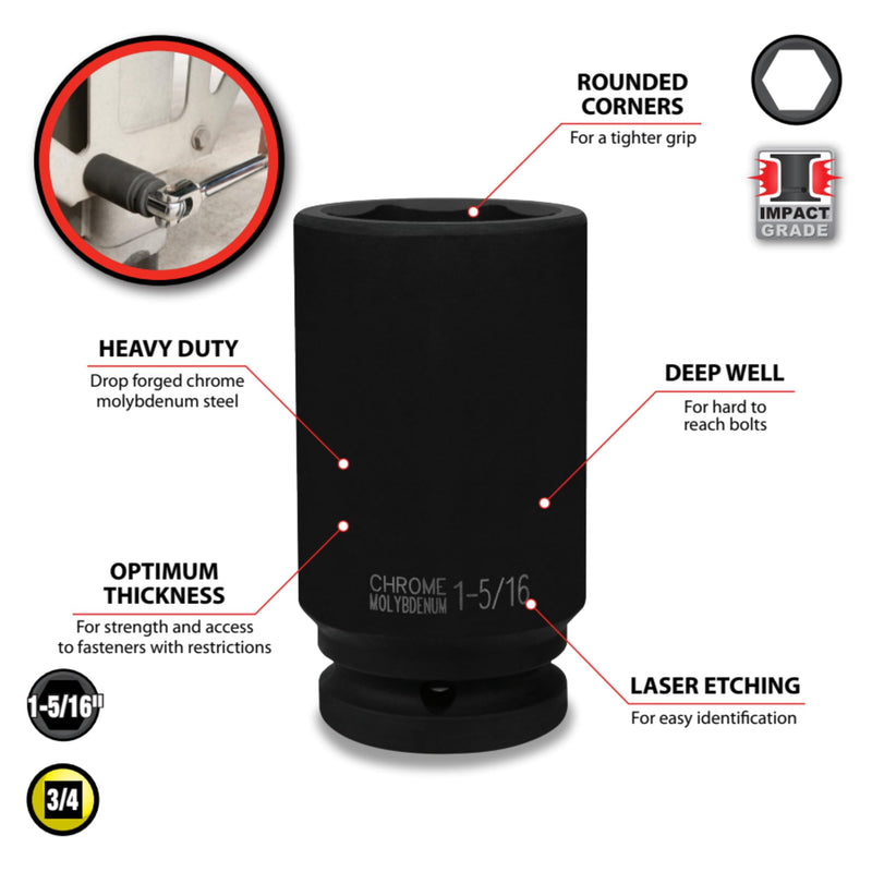 M742-42 Performance Tool 3/4-Inch Diameter 1-5/16-Inch Deep Wall Impact Socket