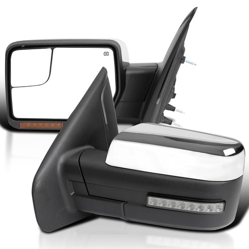 Power Spec-D Tuning Chrome Heated + LED Signal + Puddle Light Side Mirrors Compatible with 2007-2014 Ford F-150, Left + Right Pair