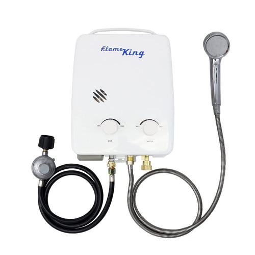 Flame King Portable Tankless Water Heater YSNAZ132 Propane Gas 5L 1.32GPM at 34,000 BTU, Outdoor Instant Hot Water Shower for RV, Camping, Farm, Cabins