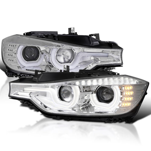 LED U-Halo Projector Headlights SPEC-D TUNING w/LED Strip Compatible with 2012-2015 BMW F30 3-Series Sedan HID Type, Left + Right Pair Headlamps Assembly