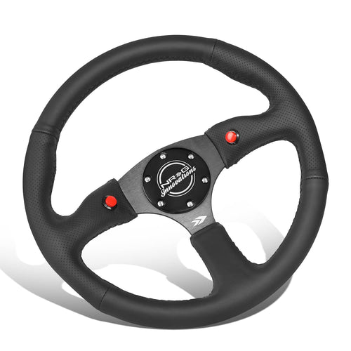 NRG Innovations Reinforced Steering Wheel NRG-RST-023D-R 350mm Sport Leather Racing (2.5" Deep) Comfort Grip, 4mm Matte Black Spoke with Leather Finish and Dual Button