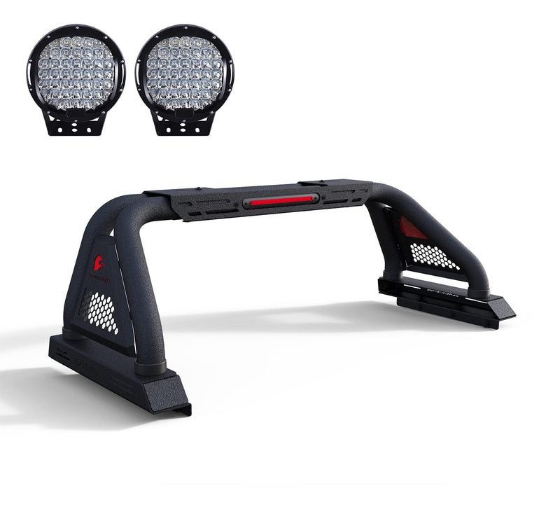 Classic Pro Black Horse Roll Bar Incl.Set of 9" Black Round Led Light Modular Textured Black Compatible with 2020-2024 Jeep Gladiator-RB09MT-PL69B