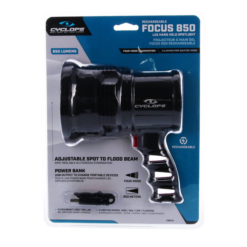 Rechargeable Cyclops Handheld Four-Mode Adjustable Beam Focus 850 Lumens Spotlight with AC/DC Recharger/DC Car Plug