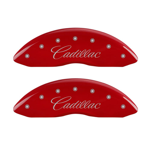 Caliper Covers MGP 35007SATSRD (Red Powder Coat Finish, Engraved Front: Cadillac - Engraved Rear: ATS, Silver Characters, Set of 4)