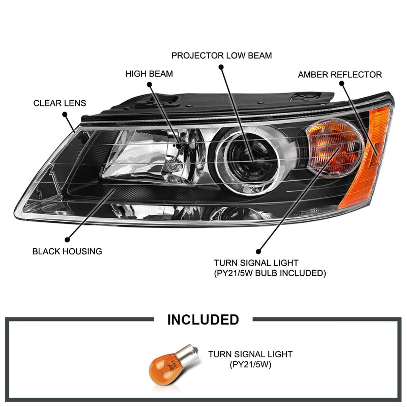 Black Projector Headlights SPEC-D TUNING Compatible with 2006-2008 Hyundai Sonata, Left + Right Pair Headlamp Assembly