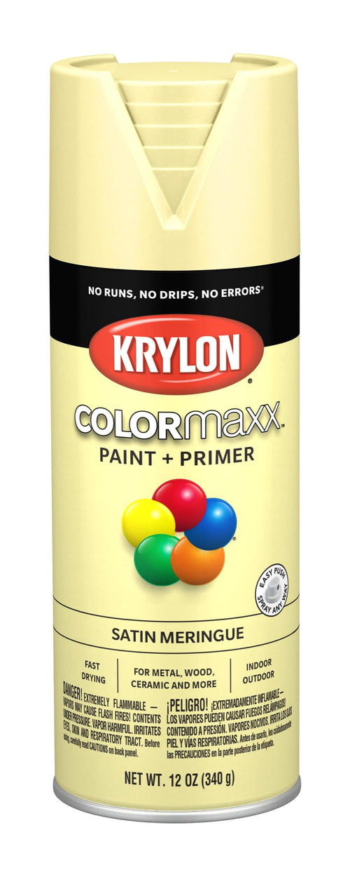 Krylon K05570007 Spray Paint and Primer COLORmaxx for Indoor/Outdoor Use, Satin Meringue Yellow, 12 Ounce (Pack of 1)