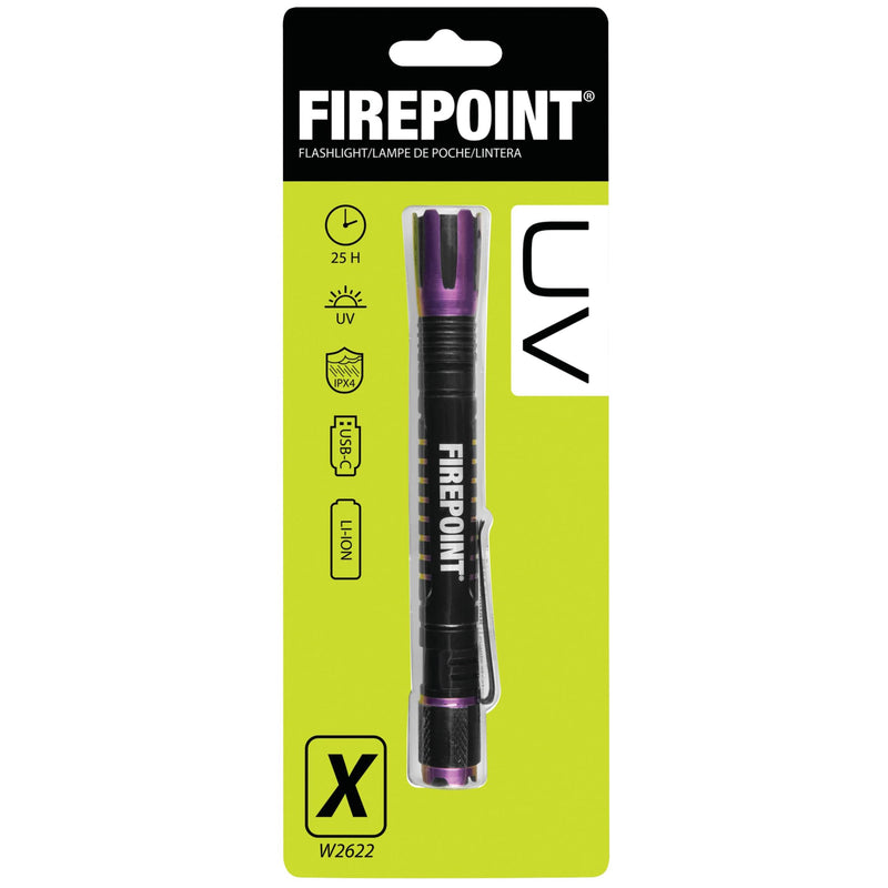Firepoint-Max Performance Tool W2622 Rechargeable UV LED Flashlight, Anodized Aluminum Housing, Included USB-C Cable, ID Verification, Leak Detection, Water-Resistant, Purple