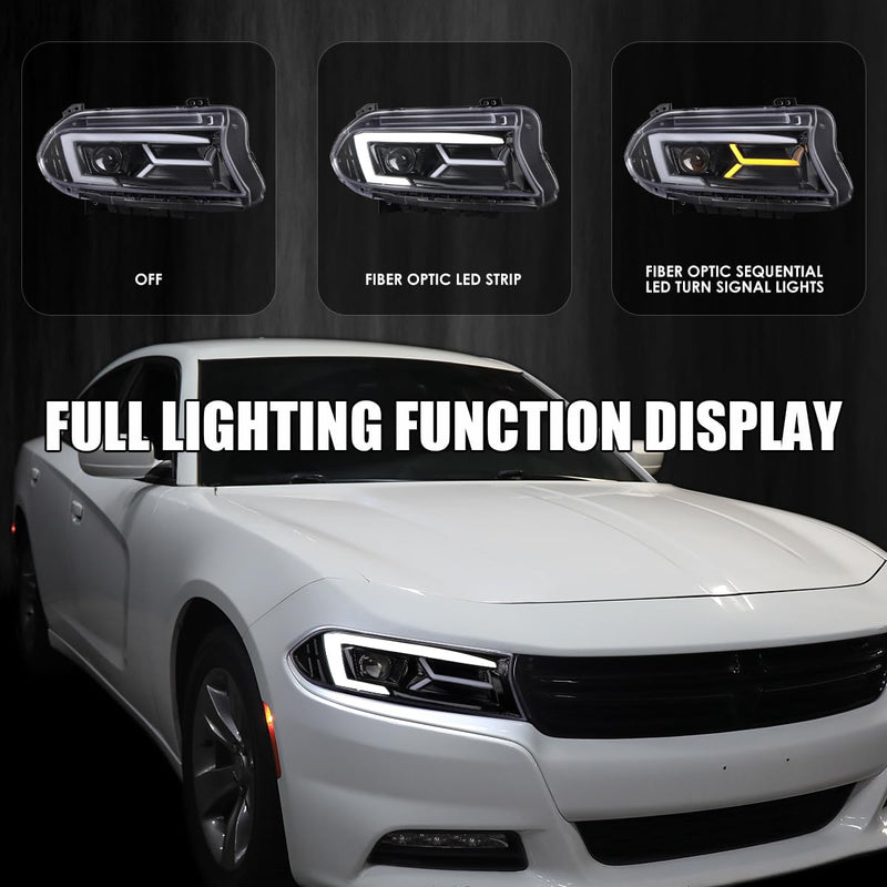 Jet Black LED Projector Headlights SPEC-D TUNING w/Sequential Turn Signal Compatible with 2015-2023 Dodge Charger with factory halogen headlights