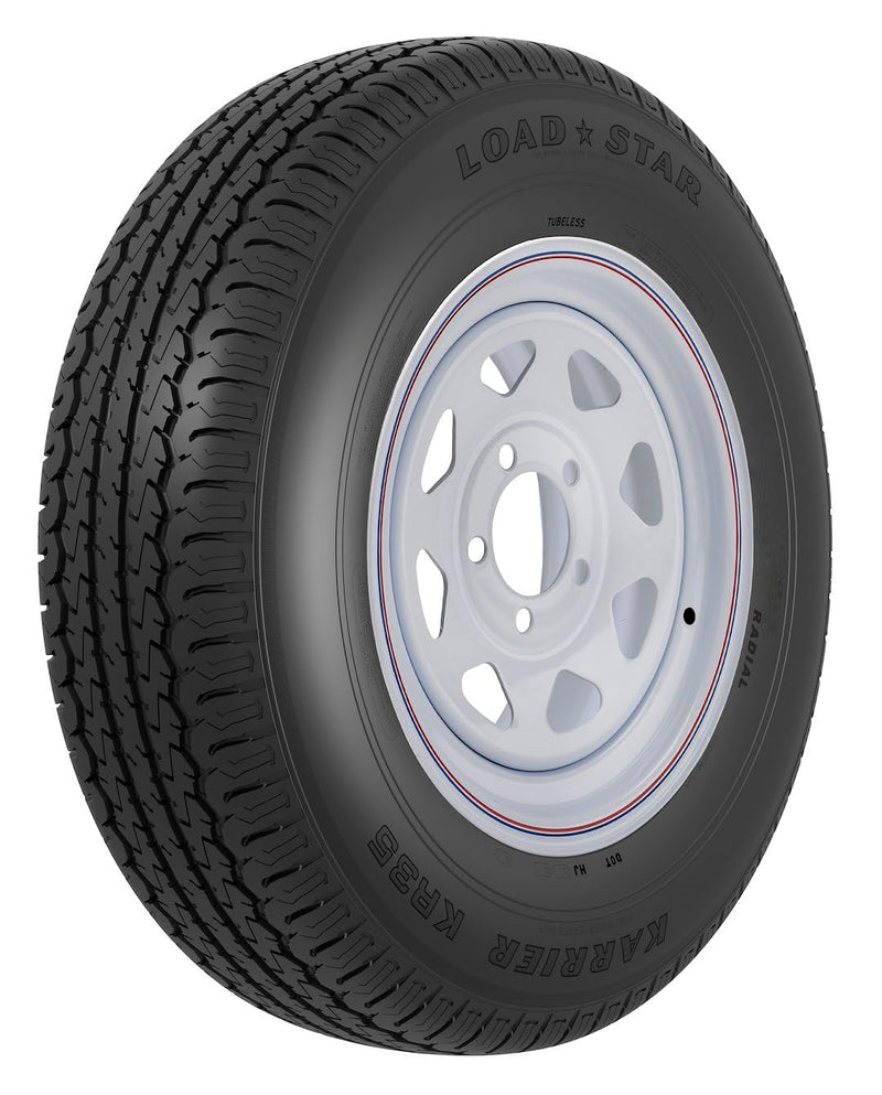 ST235/80R16 E/8H SPK White AMERICANA KR35 K, 16 Inch Diameter x 6 Inch Width; 8 x 165.1 Millimeter/ 8 x 6.50 Inch Bolt Pattern; 8 Spoke; 2 Piece Welded Steel Construction; White With Stripes; ST235 x 80R16; 1 Year Worry-Free Warra