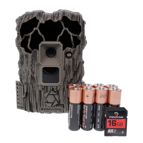 Combo Pack Stealth CAM QS20NG - 20MP Photo & 720P Video at 30FPS 0.8 Sec Trigger Speed 80Ft Detection IR Range Hunting No Glo Trail Camera, 8 AA Batteries & 16GB SD Card