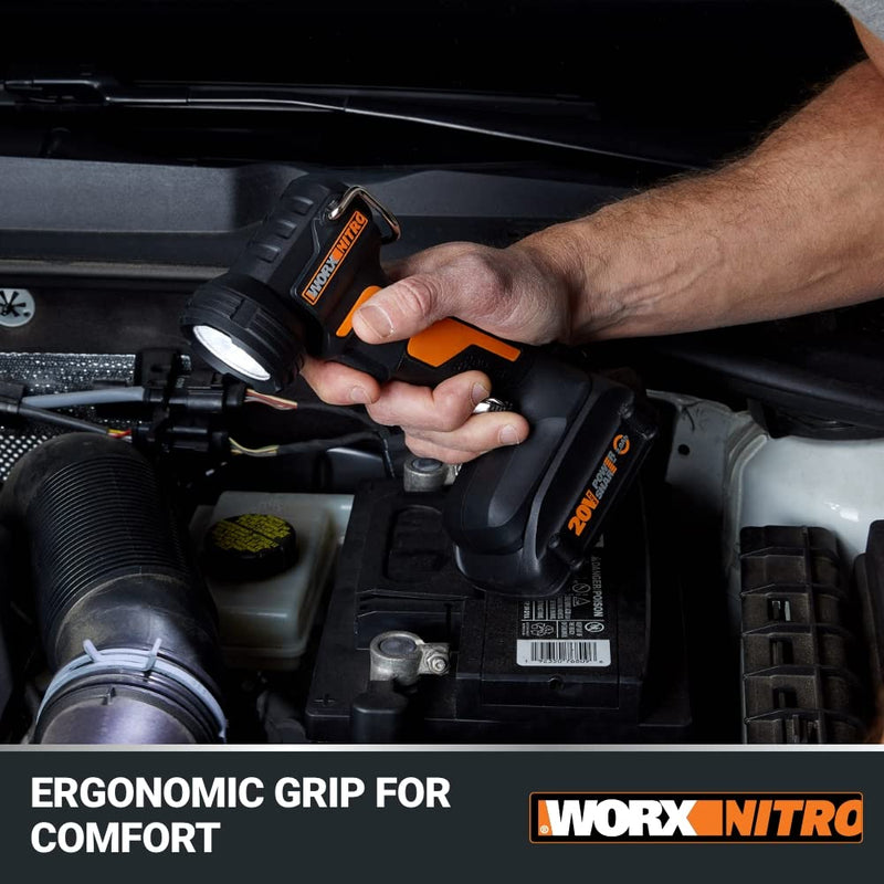 20V WORX Nitro LED Work Light PowerShare, 160/350 Lumens Portable Light, LED Flashlight with Flexible Pivoting Head WX025L.9 – Tool Only