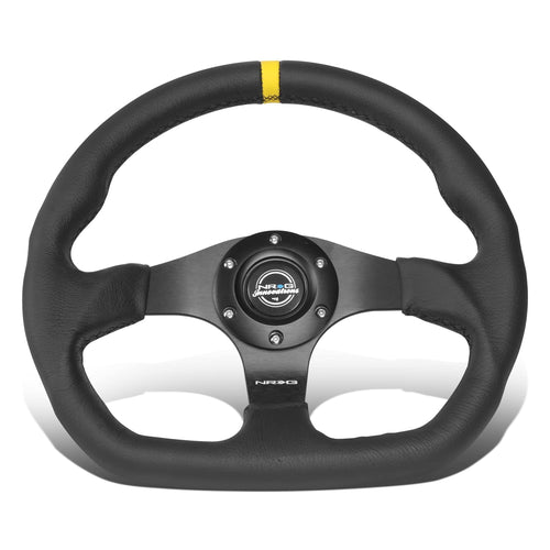 NRG Innovations Reinforced NRG-RST-024MB-R-Y Steering Wheel - 320mm Sport Leather Flat Bottom with Yellow Center Mark