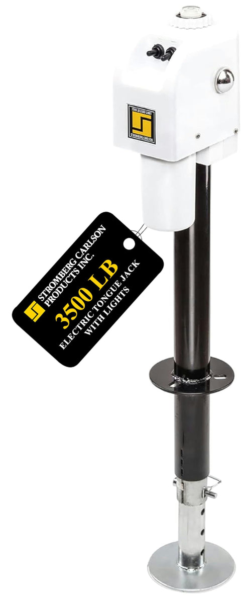 Stromberg Carlson Electric Tongue Jack JET-3555 - Heavy Duty Jack with Motor Protection, 18" Travel & 5" Drop Down Leg, Stabilizing, Leveling & Lifting RV, Camper, Utility Trailers, White, 3500 lb