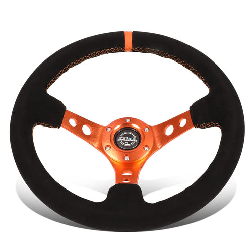 NRG Innovations Reinforced Steering Wheel NRG-RST-006S-OR 350MM Sport Steering Wheel (3" Deep), Black Suede Orange Center Mark with Orange stitching and Orange Center Spoke