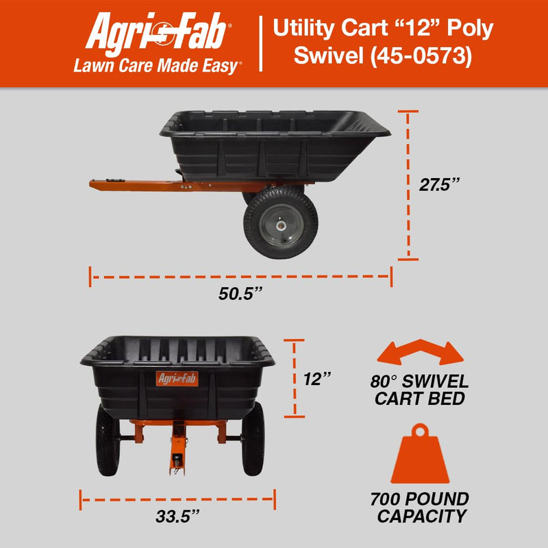 Tow Behind Agri-Fab 45-0573 700 lbs Poly Dump/Swivel Cart; Lawn & Garden Trailer for Lawn Mowers, 16" Pneumatics Tires, Easy to Use Foot Dumping Mechanism