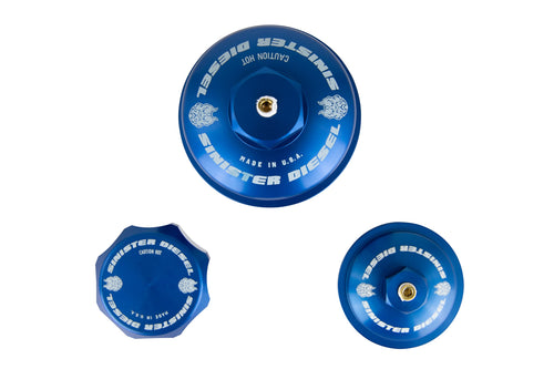 Billet Blue Cap Kit Sinister for 2003–2007 Ford Powerstroke 6.0L – Coolant Reservoir, Oil and Fuel Filter Cap Upgrade
