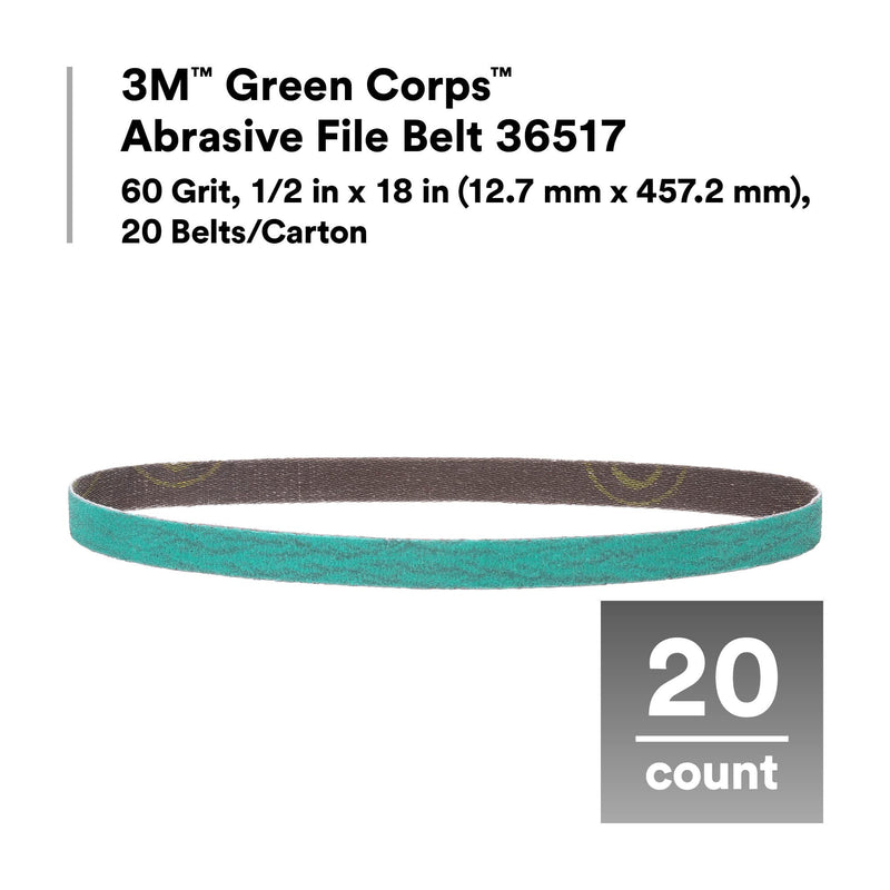 3M™ Abrasive File Belt Green Corps™ 36517, 60 Grit, 1/2 in x 18 in (12.7 mm x 457.2 mm), 20 Belts/Carton, 5 Cartons/Case