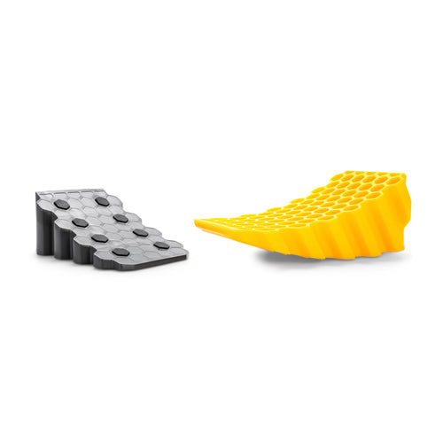 Camco Leveler Curved Camper/RV & Wheel Chock - Features Heavy Duty Honeycomb Design & Includes Non-Slip Rubber Grippers on Wheel Chock - Compatible w/Trailers Up to 30,000 lbs - 1-Pack (44423)