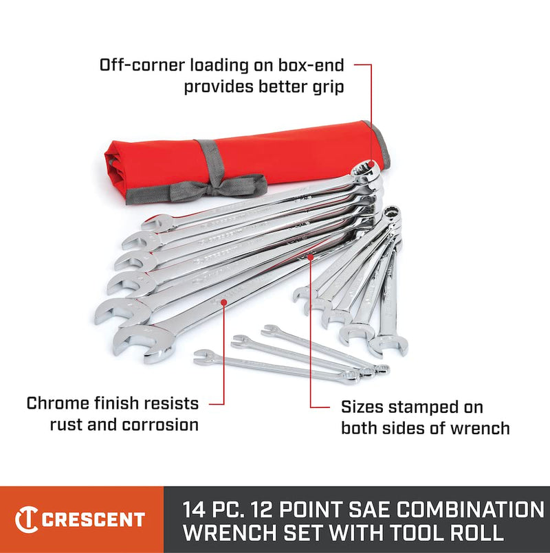 Crescent 12 Point 14 Piece SAE Combination Wrench Set with Tool Roll - CCWS4