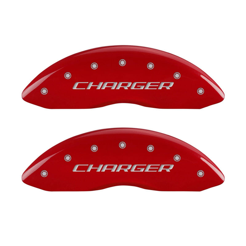 MGP Caliper Covers with Compatible 2011-2023 Dodge Charger and Challenger (Requires 18"+ Wheels & Single Piston Front Caliper) 4 PCS Front and Rear (Red - Charger Block Engraving)