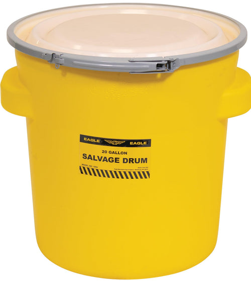 20 Gallon Eagle Plastic Drum with Lid, Metal Lever-Lock, 20.4"x20.9", Salvage Drum Made of Durable, Lightweight HDPE, Withstands Weather and Chemicals, Made in USA, Yellow, 1654
