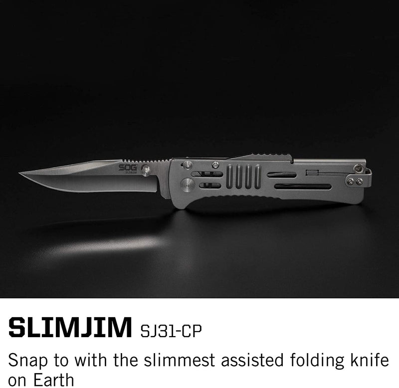 SOG Folding SlimJim Pocket Knife- SOG Assisted Technology w/ Tactile Bumps and Cutout Aid, Reversible Carry Clip, AUS-8 Stainless Steel Body (SJ31-CP), One Size, Hardcase Black