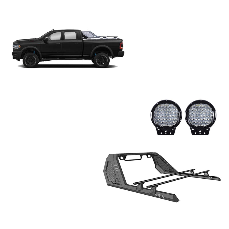 Vigor Roll Bar Black W/Cross Bar w/Set of 9 Black Round LED Light Modular Black Compatible with 09-25 Ram 1500|15-22 GMC Sierra 1500/Chevrolet Silverado 1500|04-22 Ford F-150-VRCB7002B-PL69B
