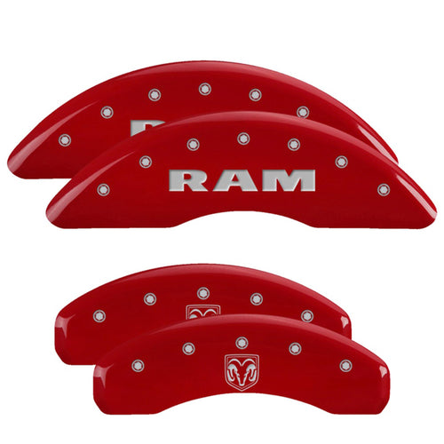 MGP Brake Caliper Covers for RAM 1500 2019-2025 (Requires 18"+ Wheels or Larger) Engraved RAM & RAM Head Logo, Red Powder-Coated Finish, Aluminum Front and Rear Caliper Covers (Set of 4)