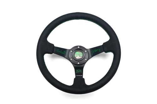 NRG Innovations Reinforced Sport Steering Wheel NRG-RST-036MB-S-FW-1 3" Deep, 5mm Matte Black Spoke, 350mm, Black Alcantara with Green Regular Stitching
