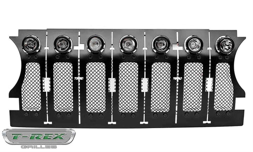 T-REX Stealth Torch Jeep Gladiator, JL Grille, Black, 1 Pc, Insert, Black Studs with (7) 2 Inch LED Round Lights, Does Not Fit Vehicles with Camera - PN #6314931-BR