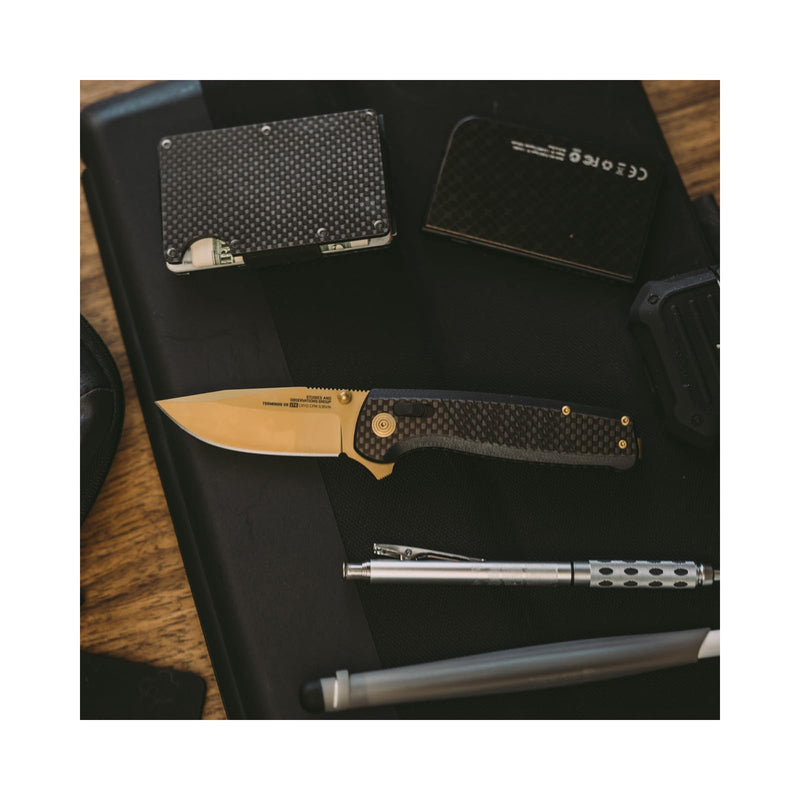 SOG Lightweight Terminus XR LTE Everyday Carry Folding Knives with Pocket Clip| Cryo CPM S35VN Steel | XR Locking Mechanism, Carbon/Gold