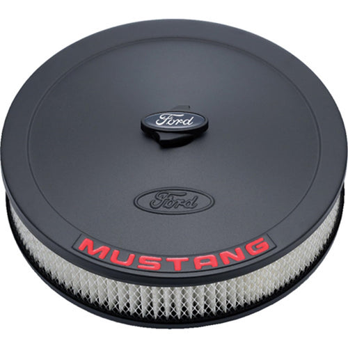 302-362 Ford Air Cleaner Assembly - 13 in Round - 2.625 in Element - 5-1/8 in Carb Flange - Drop Base - Red Mustang Logo - Steel - Black Crinkle - Kit