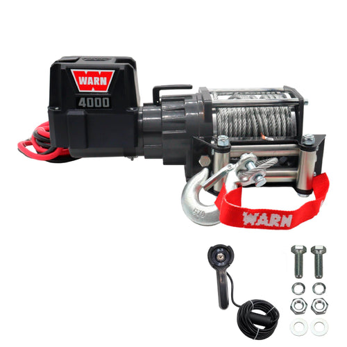 4000 WARN DC 12V Utility Winch with Wire Rope - 4000 lb Pulling Capacity, 50' Galvanized Steel Cable, Roller Fairlead, Wired Remote - 94000 Portable 12 Volt Winch for UTV, ATV, Truck, Trailer