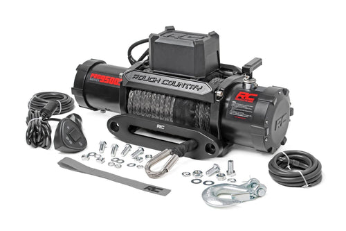 PRO Series Rough Country 9,500LB Winch with Synthetic Rope - 12V Waterproof 5.5HP Electric Winch for Jeeps, Trucks, Off Road Recovery Winch with Remote