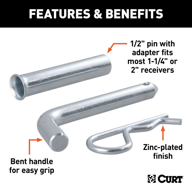 CURT 21502 Trailer Hitch Pin & Clip, 5/8-Inch Adapter with 1/2-Inch Diameter, Fits 1-1/4 or 2-Inch Receiver