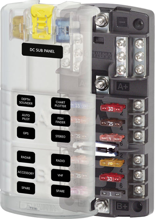Blue Sea Systems 5032 Dual 12 ST Blade Fuse Block with Ground and Cover, 100 Amps