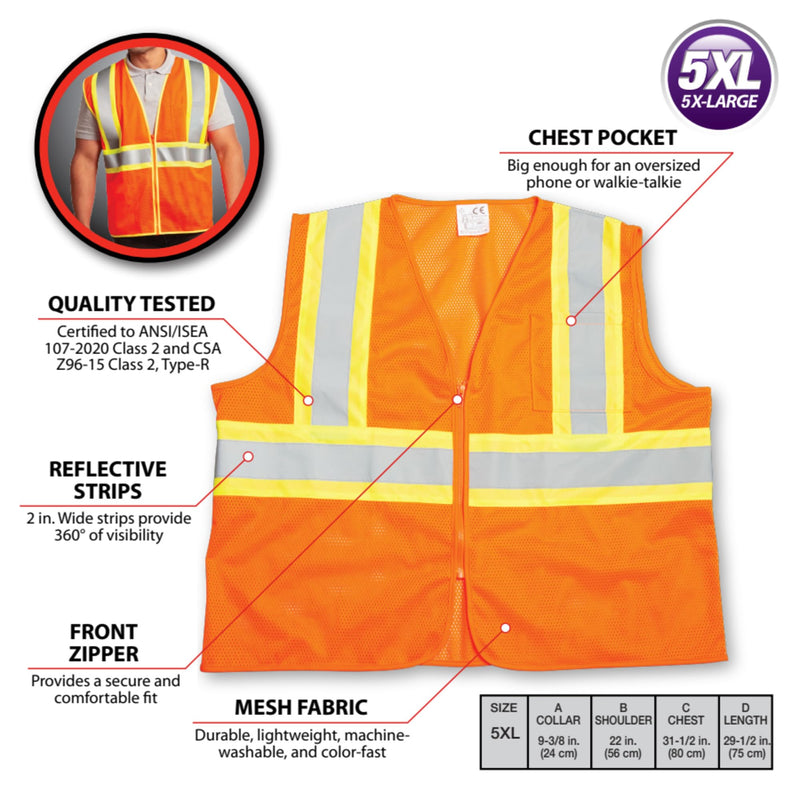 1986 Performance Tool Class-2 High Visibility Safety Vest Size 5XL, Silver Reflective Stripes, Front Chest Pockets, Zip Closure, ANSI/ISEA 107-2020 Class 2, Orange