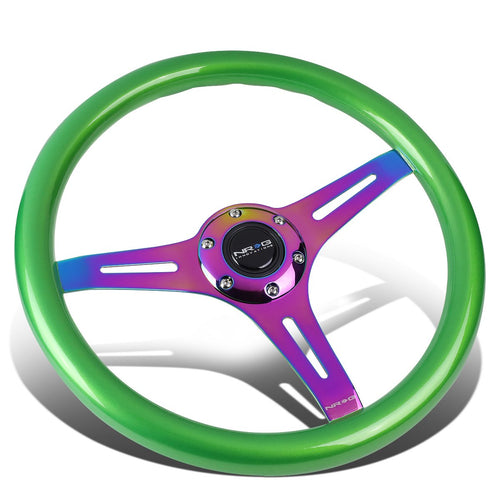 NRG Innovations Classic Wood Grain Steering Wheel NRG-ST-015MC-GN, 350mm 25mm Deep, 3 Neochrome Spokes, Green Pearl/Flake Paint