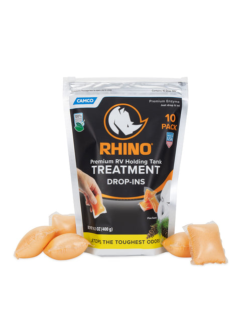RhinoFLEX Camco Premium Enzyme RV Holding Tank Treatment Drop-INs | Features a Biodegradable Septic Safe Formula, a Pine Scent, and is Ideal for RVing, Boating, and More | 10 Count (41519)