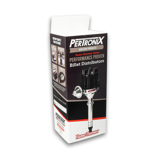 FLAME-THROWER PERTRONIX BILLET DISTRIBUTOR WITH IGNITOR II ELECTRONICS FOR BUICK NAILHEAD ENGINE. VACUUM ADVANCE WITH BLACK FEMALE STYLE CAP.