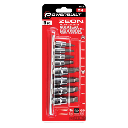 Powerbuilt 8 Piece Metric Hex Bit Socket Set Zeon - with use for Damaged Fasteners, Standard, Rusted, Rounded Bolts, Size from 3mm to 10mm - 642575