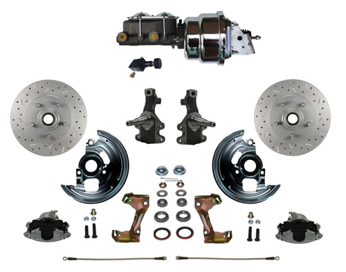 Power Brakes Leed Front Disc Brake Conversion Kit 2" Drop Spindles Cross Drilled And Slotted Rotors With 7" Dual Chrome Booster Cast Iron Chrome Top M/C Adjustable Proportioning Valve