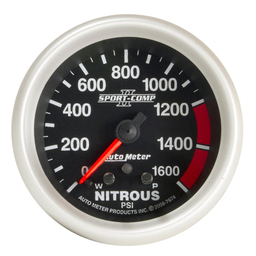 Auto Meter Sport-Comp II 2-5/8" 0-1600 PSI Full Sweep Electric Nitrous Pressure Gauge with Peak Memory and Warning
